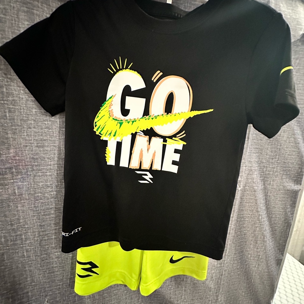 Nike Kids Black Tee with Neon Yellow 'Go Time' Design